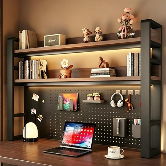 Desk Shelf Organizer with Pegboard & Storage Parts, 45kg Heavy Duty Desk Hutch, Desktop Storage Rack for Office & Home Office Shelves Black Shelf/Walnut Board (3-Tier) 21.7×10×36.7"