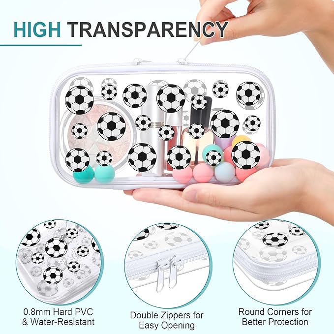 Hoolerry 4 Pcs Soccer Clear Hard Zipper Case Transparent Storage Pouch for Sports Party Favor Soccer Ball Team Gifts Durable Plastic Organizer Box Container for Travel, Office Supplies, Small Tools