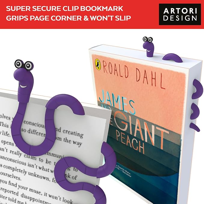 Clip Bookmarks for Kids Students Women and Men - Wally The Bookworm Cool Cute Bookmark and Page Holder Unique Gift Idea - Funny Book Marker and Reading Accessory for Book Lovers (Purple)