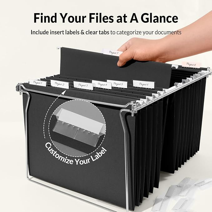 SUNEE 25 Pack Hanging File Folders, Black Folders, Hanging File Folders Letter Size with 1/5-cut Tabs, Stay Organized for Your Home and Office Bulk File and Documents