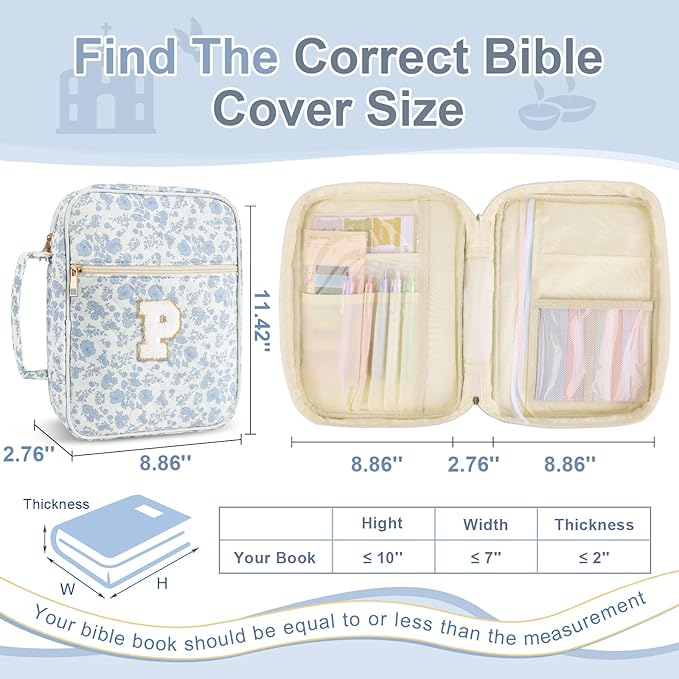Personalized Initial Bible Cover Case for Women Girls Kid - Large Quilted Bible Case with Handle, Stylish Chenille Letter Bag Study Supplies, Perfect Christmas Gifts for Christians (Blue Flower-P)