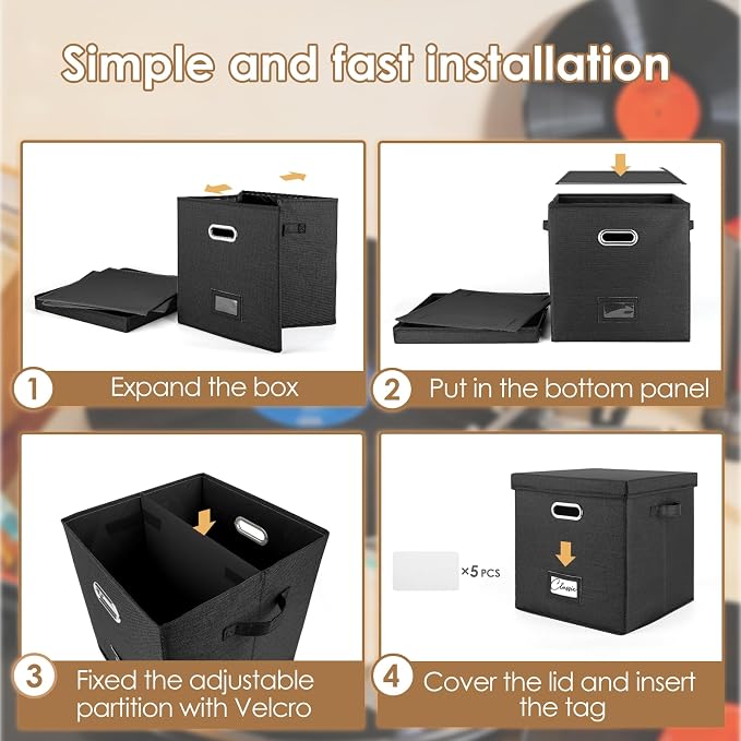 Vinyl Record Storage Box Set of 2 - for 100+ Single LPs (12-Inch), Stackable Albums Linen Crate with Lid, Play Music Collection Holder, Document File Folder Cabinet Organizer Case with Handle