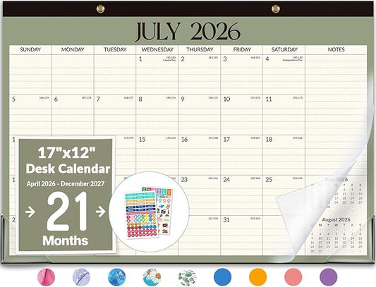 Forvencer Desk Calendar 2026-2027, 21 Months Calendar Runs from April 2026 to December 2027, 17" x 12" Large 2026 Wall Calendar Monthly Planner with Plastic Cover for Home School Office