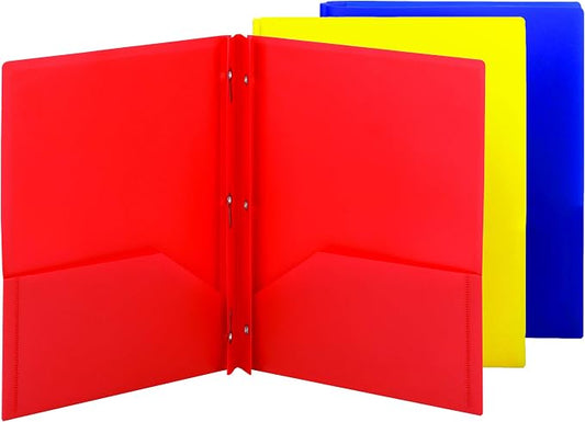 Smead Poly Two-Pocket Folder, Three-Hole Punch Prong Fasteners, Letter Size, Red, Yellow, Blue, 6 Folders Total (87746)
