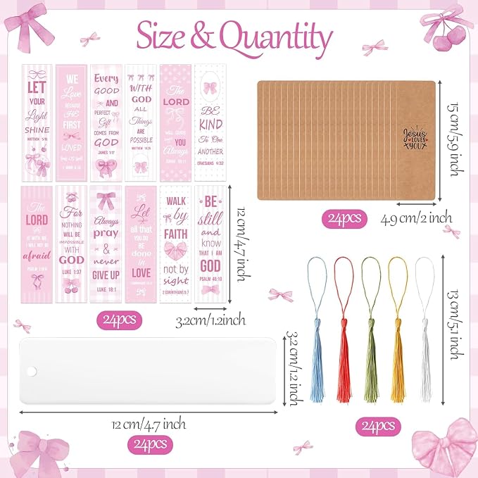 Haooryx Pink Bow Bible DIY Bookmark - 96Pcs Pink Christian Bible Verse Tassel DIY Bookmark UV DTF Transfer Sticker Blank Transparent Rectangle Acrylic Book Marker Kids DIY Crafts Kit Birthday Gift Tag