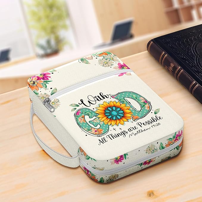 Floral Sunflower Bible Cover for Women with Handle and Zipper Pocket, Inspirational Canvas Bible Bag with Scripture Verse, Fits Standard Size Bible, Christian Gift for Mom, Girls