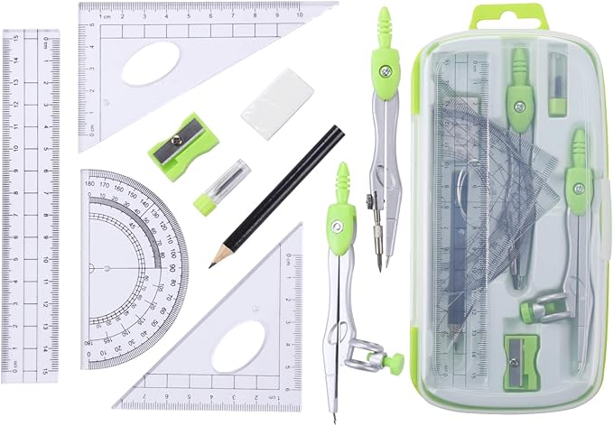 Vobou Math Geometry Kit Sets 10 Piece Student Supplies with Shatterproof Storage Box,Includes Rulers,Protractor,Compass,Eraser,Pencil Sharpener,Lead Refills,Pencil,for Drafting（Green）