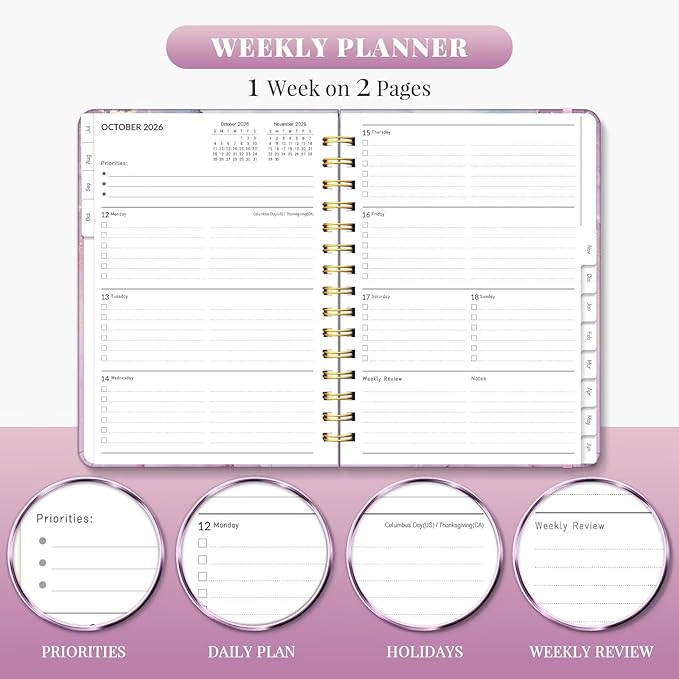 Lonely Oak Academic Planner 2026-2027, Daily Weekly and Monthly Agenda Planner 6.18" x 8.5" with Tabs, 12 Months Spiral School Year A5 Calendar from Jul.2026 to Jun.2027 for Student and Teacher (Purple Marble)