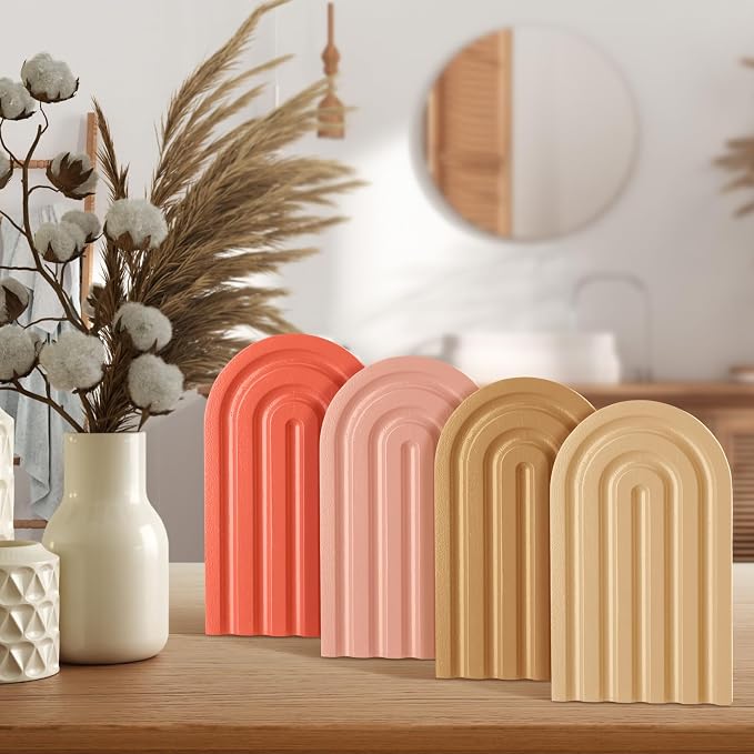 Harloon 4 Pcs Boho Arch Wooden Bookends, Decorative Rainbow Book Stoppers with Non-Slip Metal Base, 5x3x4 Inches, Cute Shelf Decor for Heavy Books, Home Office Study Desk Organizer(Cute Color)