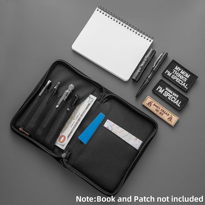 Kosibate Tactical Notebook Cover with Zipper,7.5x5 Inch OCP Military Notebook Cover, Detachable Army Field Tactical Portfolio Organizer with Flag Patch, for Protecting Notes, Book(Black, Cover Only)
