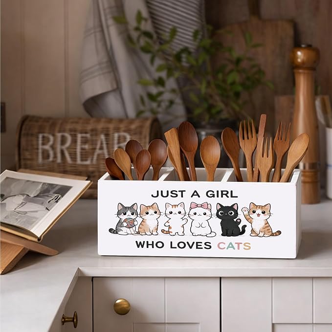 Cat Lover Desk Organizer Wooden Pen Pencil Holder for Desk, 3 Compartments Office Desk Accessories, Just A Girl Who Loves Cats Desk Decor, Cute Cat Gifts for Women Home Office Desk Storage