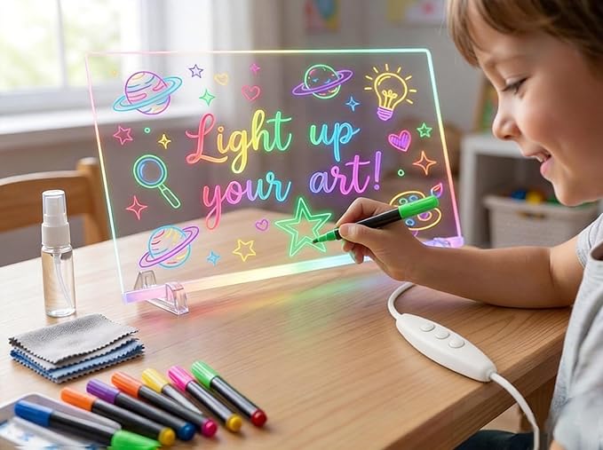 LED Light-Up Note Board with 7 Colors, 13"x10" Drawing Tablet for Kids, Includes Markers, Adapter, Cleaning Cloth & Hanging Chain, Reusable Dry Erase Message Board, Greeting Card,Gifts for Kids Age 3+