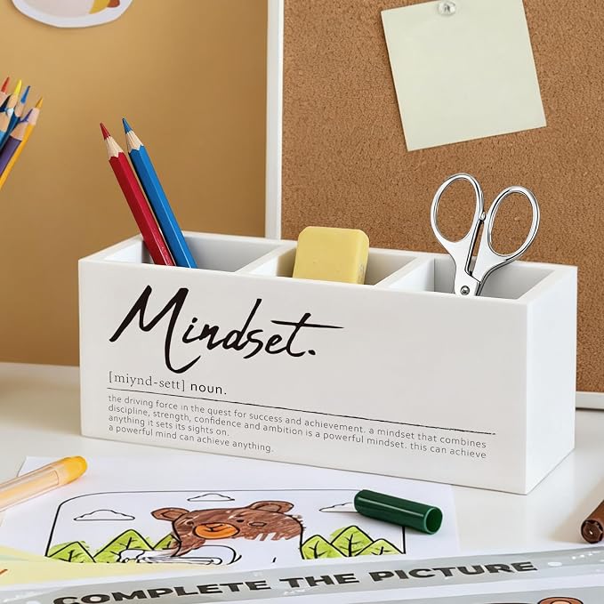 Inspirational Pen Pencil Holder, Motivational Gifts for Women Men Wood Desk Organizer and Accessories, Mindset Definition Pen Holder Desk Organizer for Office Tabletop