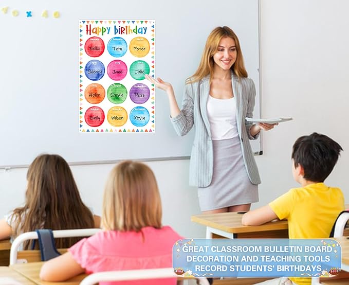 D24TIME Birthday Chart for Classroom - 16.5''x11.2'' Watercolor Happy Birthday Posters Calendars Class Bulletin Board Decorations Posters for Back to School Teacher Supplies