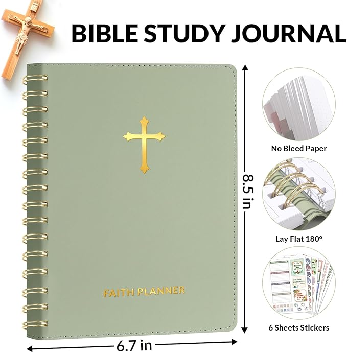 SUNEE Christian Planner - Undated 12 Month Bible Journal and Prayer Planner A5 Spiral Bound, Monthly & Weekly Christian Organizer Gifts for Women Men (Grey Green)