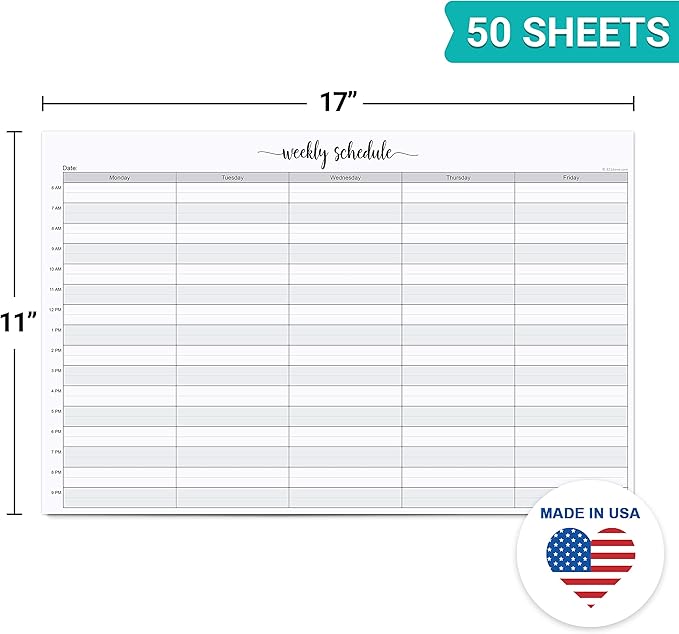 321Done Weekly Schedule Planning Notepad - 50 Sheets (11x17) - Hourly Appointment Productivity Weekly Planner Tear-Off Note Pad - Cute Simple Script Extra Large Size - Made in USA