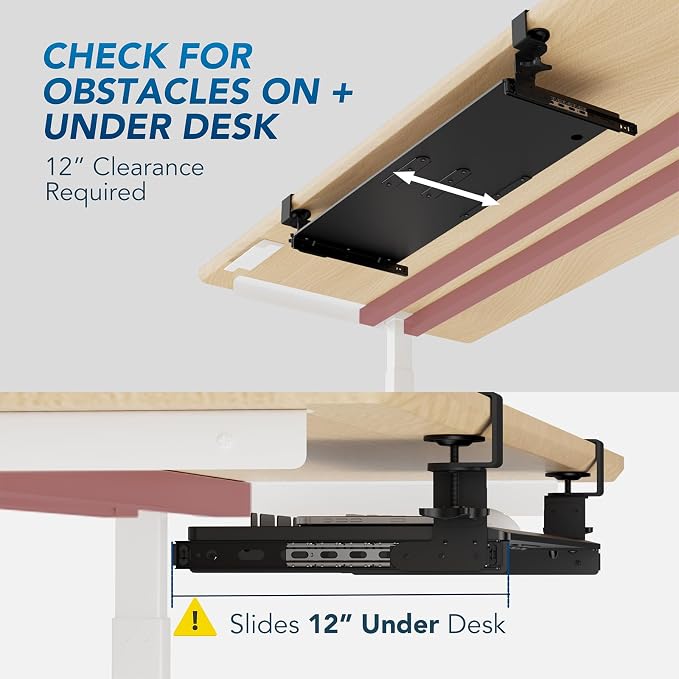 AX WABER Keyboard Tray Under Desk Pull Out with 3 Height Adjustable Extra Sturdy C Clamp Mount System, 32.8 (38 inch Including Clamps) x 12 Inch Slide-Out Platform Computer Drawer for Typing