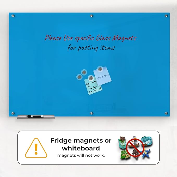 Clear Glass Dry Erase Board for Office & Home, Frameless Blue Surface Glass Board (48" x 72") Include Markers, Magnets with Eraser by Fab Glass & Mirror