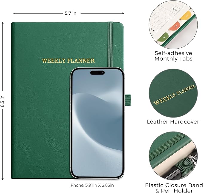 Undated Appointment Book, Hourly, Daily, 52 Weekly & 12 Monthly Planner, 6 AM - 8 PM, Medium Size (5.7" x 8.3"), Leather Hardcover, 12 Self-adhesive Monthly Tabs (Dark Green)