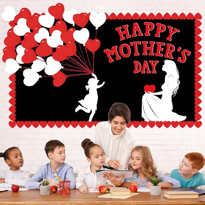 QOUBAI Mother's Day Bulletin Board Set Happy Mother's Day Classroom Bulletin Board Decorations Mother Child Silhouette Cutouts DIY Craft Decor for Preschool Nursery Toddler Kids Decor Wall Door