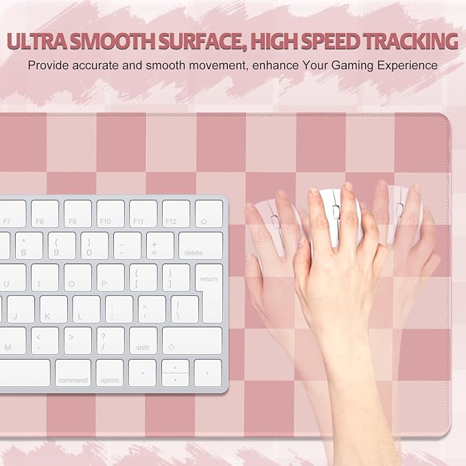Checkered Pattern Desk Pad Mouse Pad, Large Gaming Mouse Mat with Stitched Edges, Waterproof Rubber Base Mous Mat for Office Computer Keyboard Laptop Home Decor Women (35.4X17.5 inch), Pastel Pink