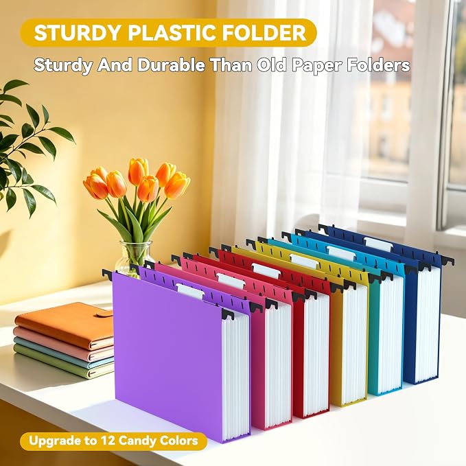 Extra Capacity Hanging File Folder Letter Size,Heavy Duty 2" Expandable Plastic File Folder with Tabs,Reinforced File Cabinet Folders,12 Pack Candy Color Hang Folder for File Drawers Frame Box