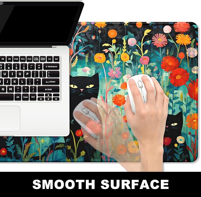 BOSOBO Large Mouse Pad, Desk Pad, XXL XL Extended Gaming Mouse Pad, Desk Mat for Office & Home, Long Keyboard Mat, Huge Mouse Pad, Desktop Full Cover 35.5 x 15.7 Inches, Black Cat and Folwers
