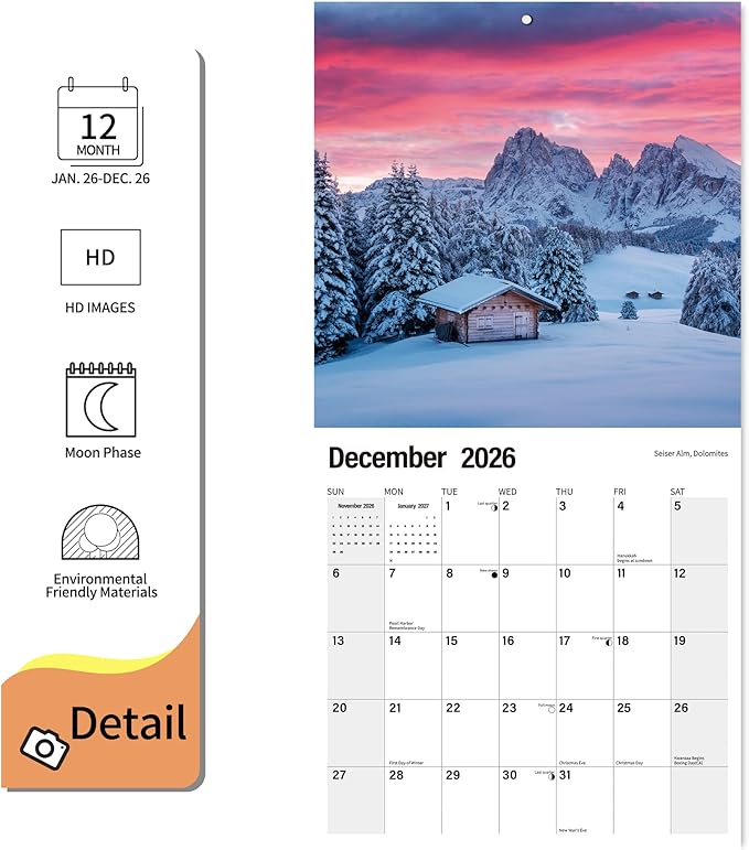2026 Wall Calendar Planner Calendar - Italy Hangable Monthly Wall Calendar with Large Blocks for Organizing & Planning, Academic Schedule, Home, Office & family, Thick & Sturdy Paper (12"x24" Open)