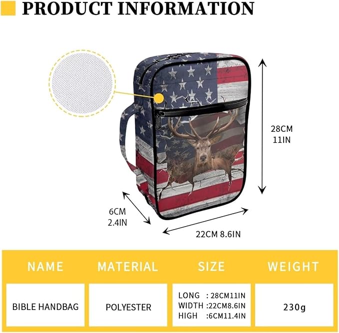 Suobstales 3D Deer American Flag Print Bible Covers for Women Men Bible Case Bible Bag and Tote Bible Accessories with Handle and Zippered Pocket Carrying Book Case