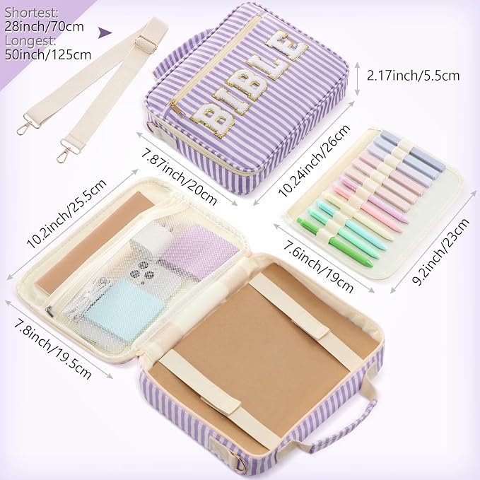 Dansydaisy Bible Cover Case for Women Large Chenille Letter Stripe Church Bible Bag with Shoulder Strap for Women (Purple)