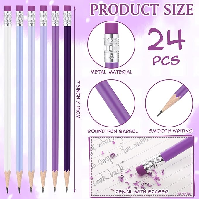 24 Pcs Round Pencils with Eraser 2 HB Cute Pencils Bulk for School Graphite Wood Color Unsharpened Pencil for Drawing Sketching Wedding School Teacher Supplies Student Reward