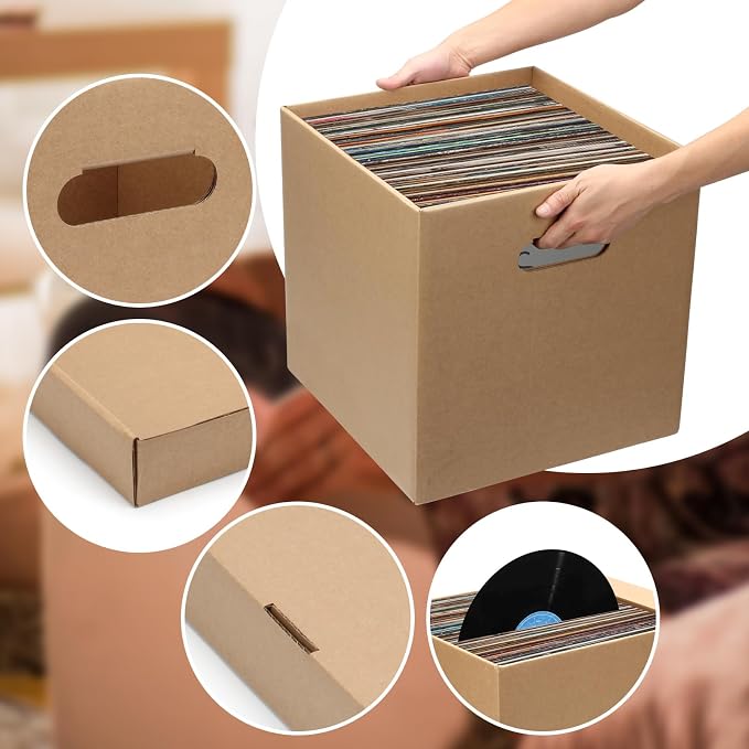 10 Pcs Cardboard Vinyl Record Storage Box, Stackable Moving Box with Handles and Lids, Sturdy Cardboard Crate Vinyl Record Crate for Storing Album Document File Folder Organizer