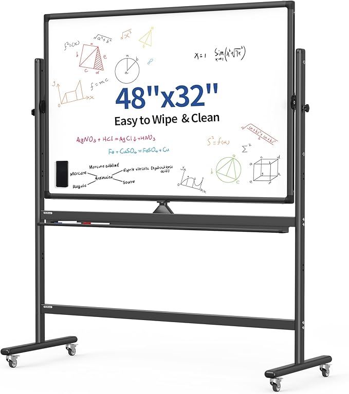 Mobile Whiteboard 48x32 for Office & Homeschool - Double-Sided Magnetic Dry Erase Board on Wheels - 360° Reversible Standing Easel for Agile Presentations & Classroom Teaching
