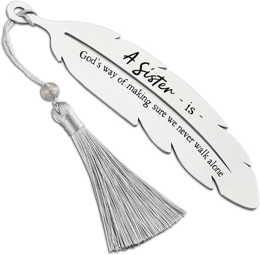 A Sister is God’s Way Bookmark, Inspirational Gift for Soul Sister & Best Friend, Christian Birthday Graduation, Christmas Gift for Women, Daughter, Metal Feather Bookmark with Tassel VBK216