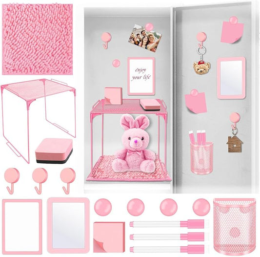 Demonwer Locker Accessories With Locker Shelf Locker Mirror Magnetic Pen Holder Sticky Note Whiteboard Mat Pink Locker Organizer for Work Mesh Metal Shelf Accessories Kit for School Office Supplies