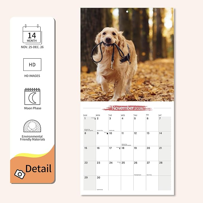 2026 Wall Calendar Golden Retriever Planner Calendar, Hangable Monthly Wall Calendar with Large Blocks for Organizing & Planning, Academic Schedule, Home, Office & family, Thick & Sturdy Paper (12"x24" Open)