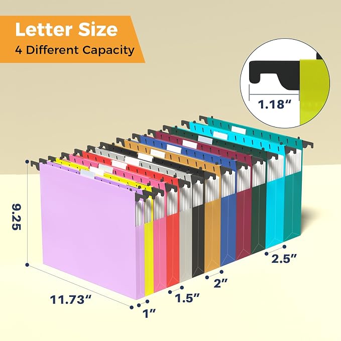 Ansook 12 Pack Plastic Hanging File Folders, Heavy Duty Letter Size Hanging Folders with Tabs, 2 x 1", 4 x 1.5", 4 x 2", 2 x 2.5", Hanging Files for Office and Document Organization, Assorted Colors