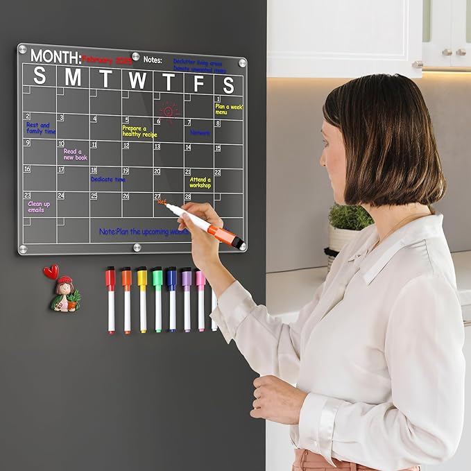 Large Acrylic Magnetic Calendar for Refrigerator, Clear Fridge Calendar with 8 Color Markers, Monthly Planning Board for Business Meetings/Anniversary/Shopping List, Dry Erase - 14.5 * 11.5''