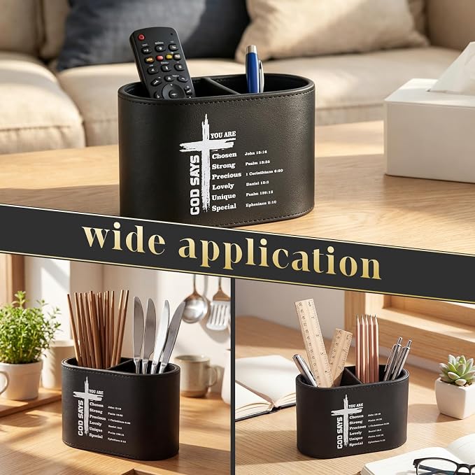 Dunzoom Gift for Father's Day Christian PU Leather Pen Holder for Desk, Bible Verse Pencil Cup Organizer, Religious Gift for Men, Pastor, Dad, Office Decor(God Says You Are Chosen)