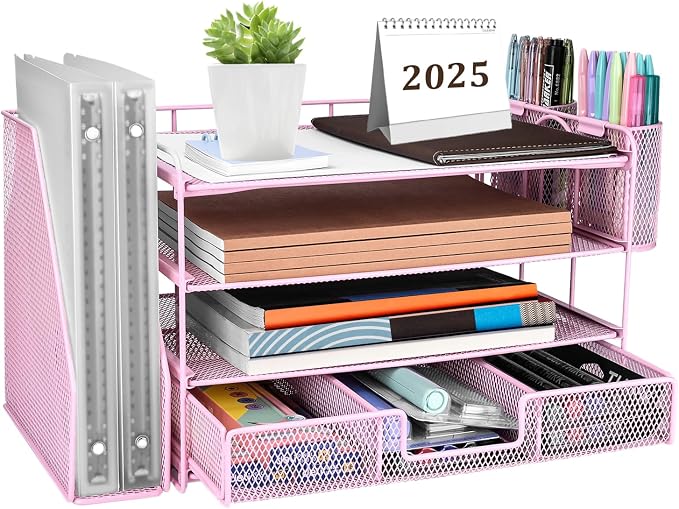 ATOMUS 4 Tier Desk Organizer, File Organizer Drawer Organizer with 2 Hanging Pen Holders Accessories & Workspace Organizers for Office Supplies Pull-Out Design (Pink)