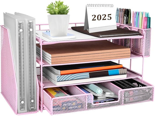 ATOMUS 4 Tier Desk Organizer, File Organizer Drawer Organizer with 2 Hanging Pen Holders Accessories & Workspace Organizers for Office Supplies Pull-Out Design (Pink)