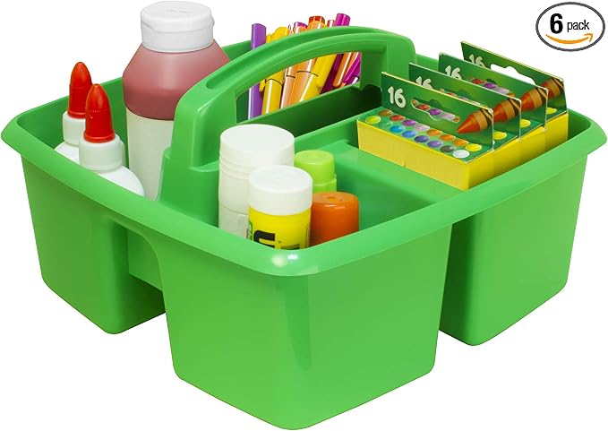 Storex 3-Compartment Small Caddy – Multipurpose Classroom Organizer with Handle, Grass, 6-Pack (00951A06C)
