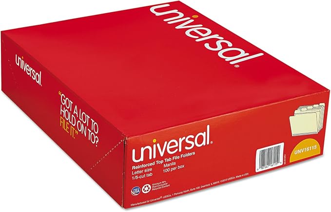 Universal 16115 File Folders, 1/5 Cut Assorted, Two-Ply Top Tab, Letter, Manila, 100/Box