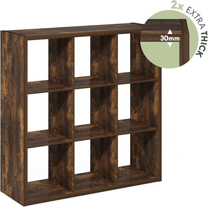 Furinno Cubicle Book Shelf, 9-Cube Bookshelf, Extra Thick Frame Reversible Bookcase with Open Back, 14.6" x 44" x 44", for Living Room, Bedroom, Home Office, Amber Pine