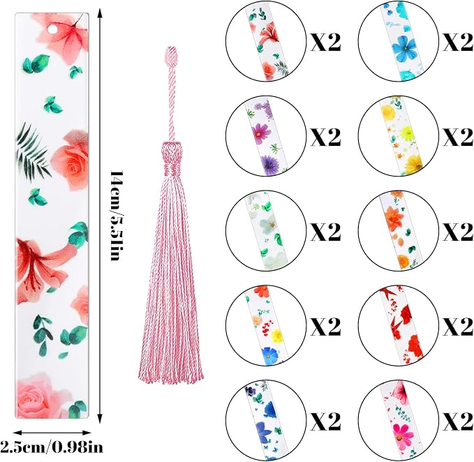 20Pcs Flower Resin Bookmark Transparent Floral Bookmarks for Women Cute Bookmarks Flower Page Marker with Tassels Graduation Gifts for Women
