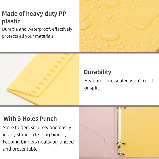 Ospelelf Folders with Pockets Waterproof Plastic Pocket Folders for Documents Letter Size 8.5'' x 11'', Fits 3 Ring Binder Holds, 6 Pack