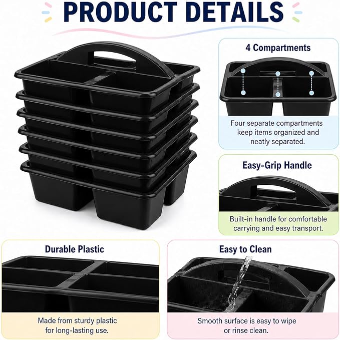 gisgfim 6 Pack Plastic Classroom Caddy with 4-Compartments Plastic Storage Caddies with Handle 4 Compartments Table Caddy Organizer Versatile Table Caddies for Classroom Office, Black