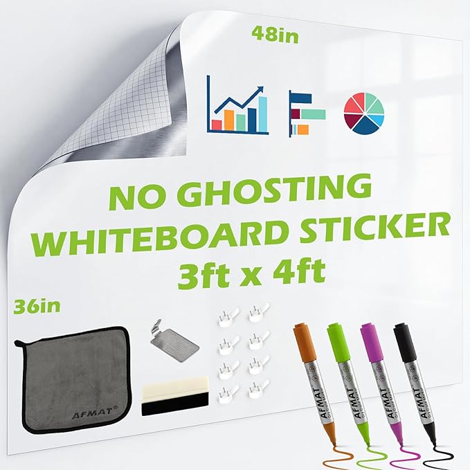 AFMAT Whiteboard Sticker for Wall, 48" x 36" White Board Paper, Super Sticky Dry Erase Wallpaper, Peel and Stick Dry Erase Board with 3 Markers, No Ghosting Whiteboard Paper for Home Office Classroom