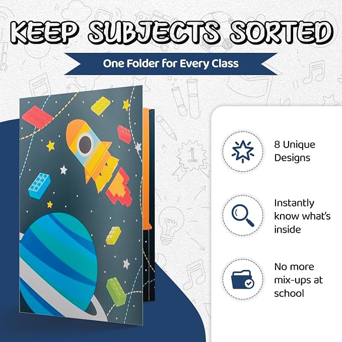 8 Kids Pocket Folders - Homework Folders in Futuristic Robots, Spaceships and Blocks Themes - Kids Folders with Pockets -8 Unique Designs in Front and Back Cover- 2 x 9.25 inch (8 Pack)