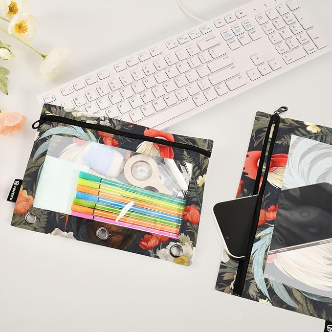 2 Pack 3 Ring Binder Pencil Pouch Cock Pencil Case Pencil Bags with Zipper, Clear PVC Binder Pockets for Office Daily Supplies